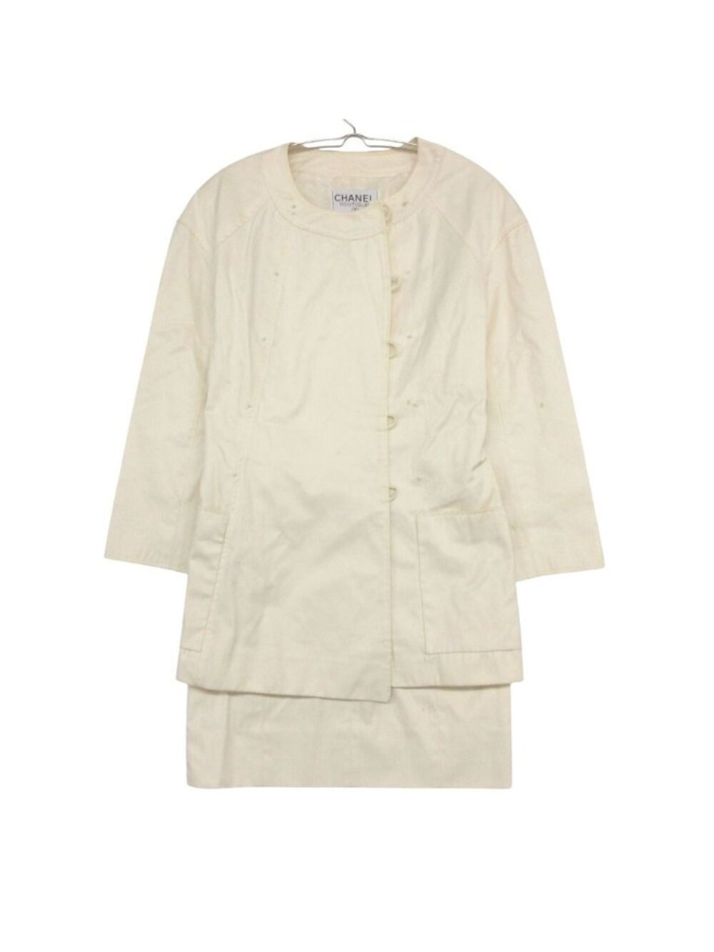 Chanel Suit Vintage Skirt Set Long Jacket CC Logo Lining Off White